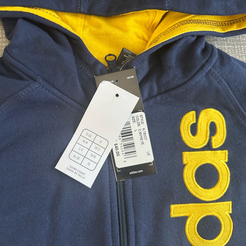 Adidas Kids Full Zip Hoodie Navy Yellow Logo Sweatshirt New With Tags - Picture 3 of 11